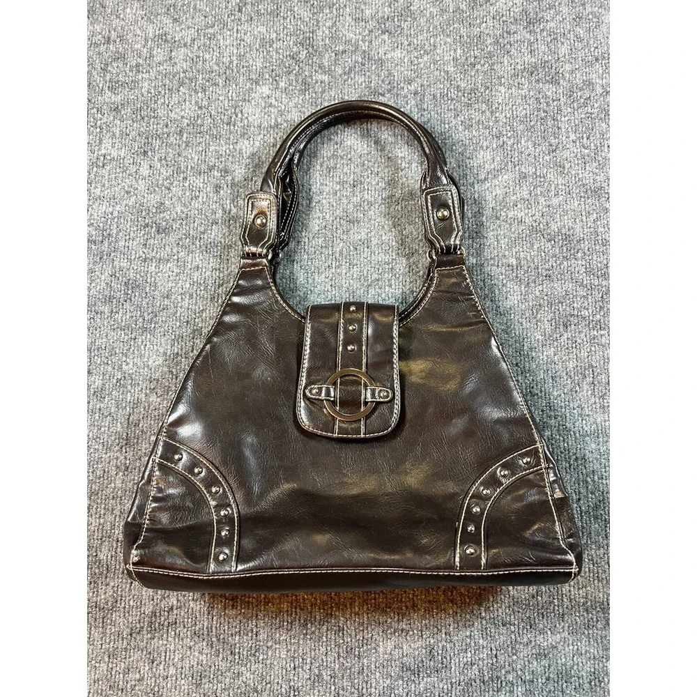 Faux‎ Leather Womens Classic Hobo Bag Dark Brown with Rivets